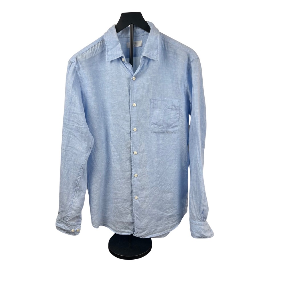 Uniqlo Mens Premium Linen Button Down Shirt Light Blue Long Sleeve Size M